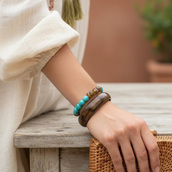 Gara Danielle Brass & Wood Look Bangle Bracelet & Turquoise Bead Bracelet Set - Picture 2 of 5